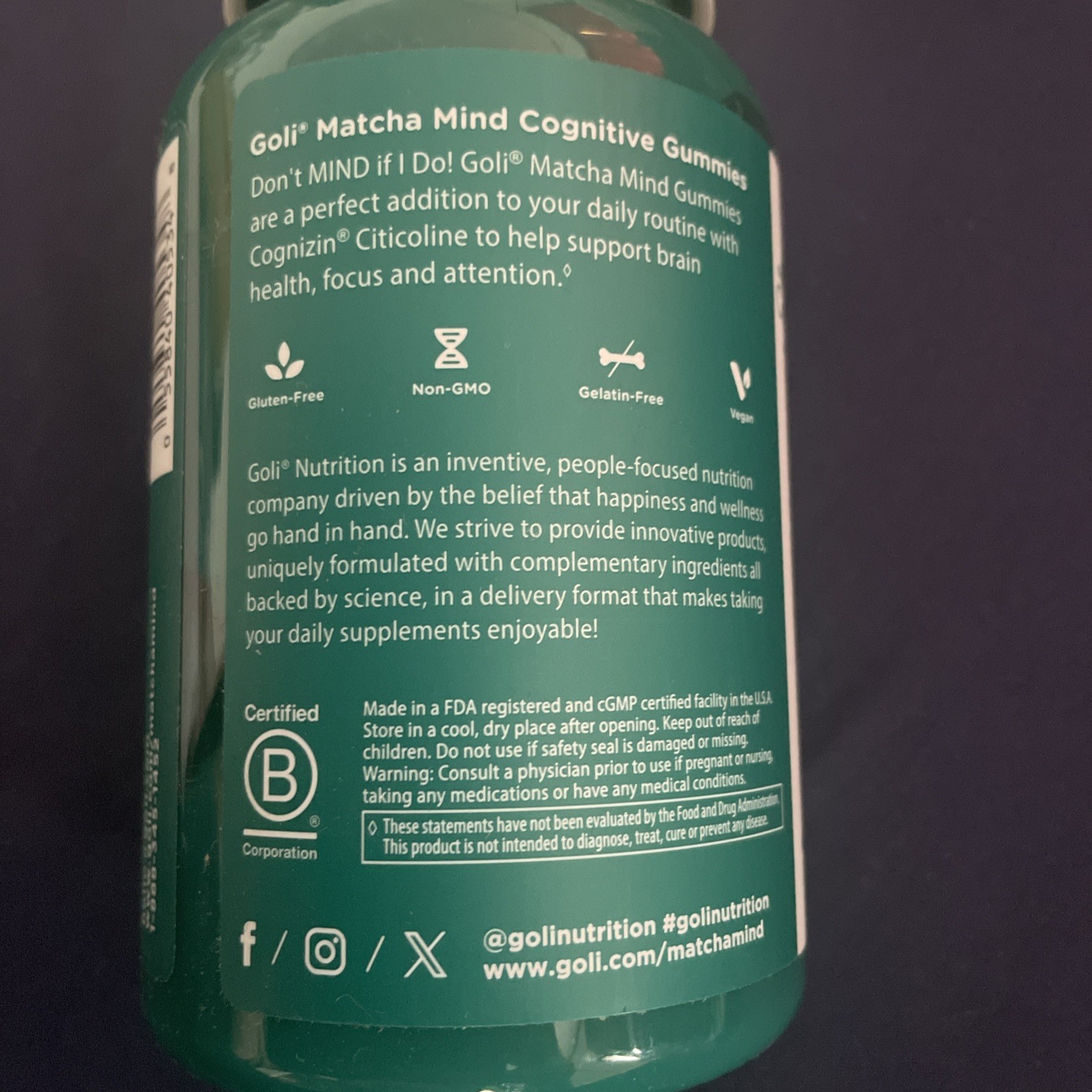 Goli Matcha Mind Cognitive Gummies w/ Matcha & Cognizin, Mental Focus, 60