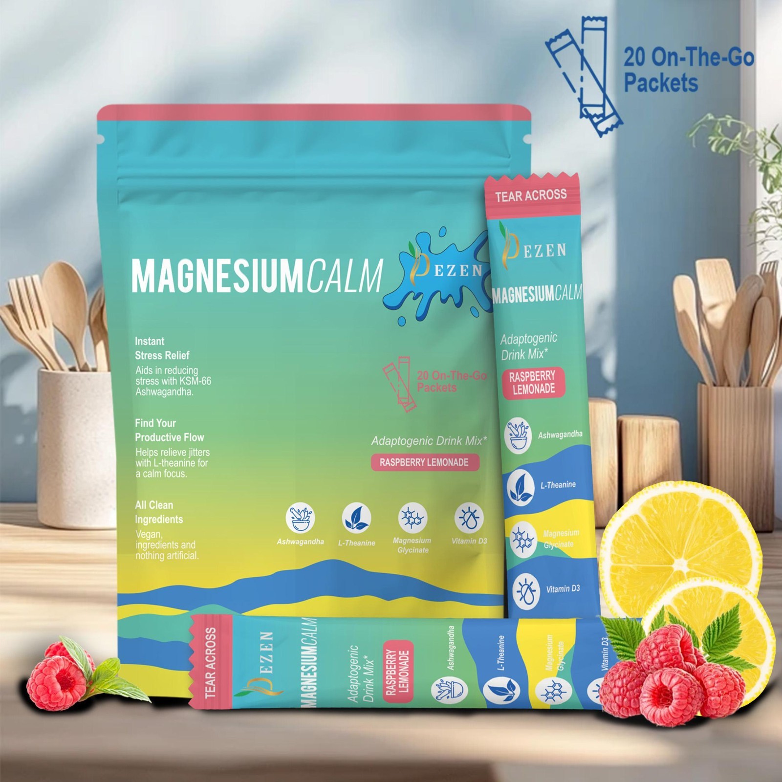 DEZEN Super Calm Magnesium Powder Drink Mix Raspberry Lemonade Flavor, 20 Sachet