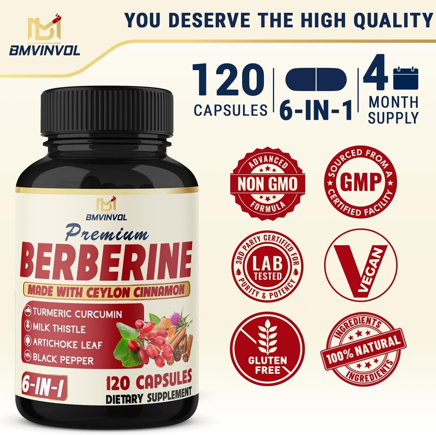 Berberine with Ceylon Cinnamon Tumeric Root, Milk Thistle, 6in1 (120 Capsules)