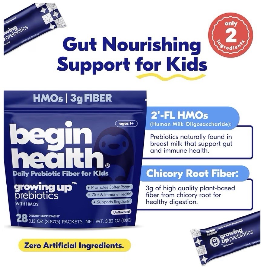Begin Health Growing Up Prebiotic Fiber Powder w/ HMO, Unflavored, 28 Packets