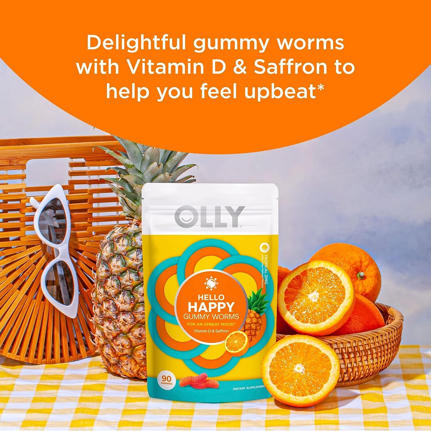 OLLY Hello Happy Gummy Worms, Mood Balance Support, Vitamin D, Saffron 90 Count