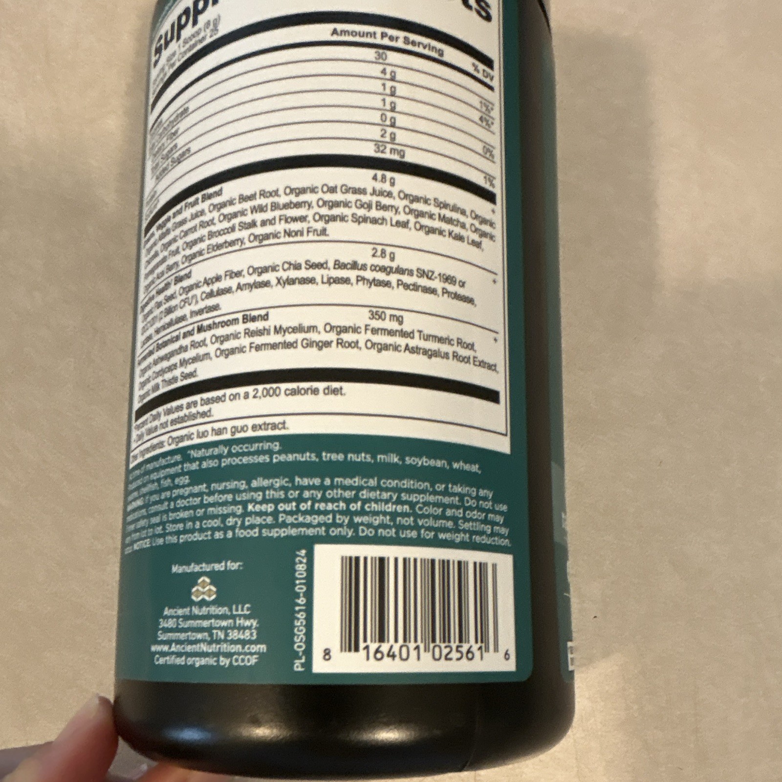 Ancient Nutrition Organic Super Greens Powder Unflavored 7.05 oz Exp 08/2026
