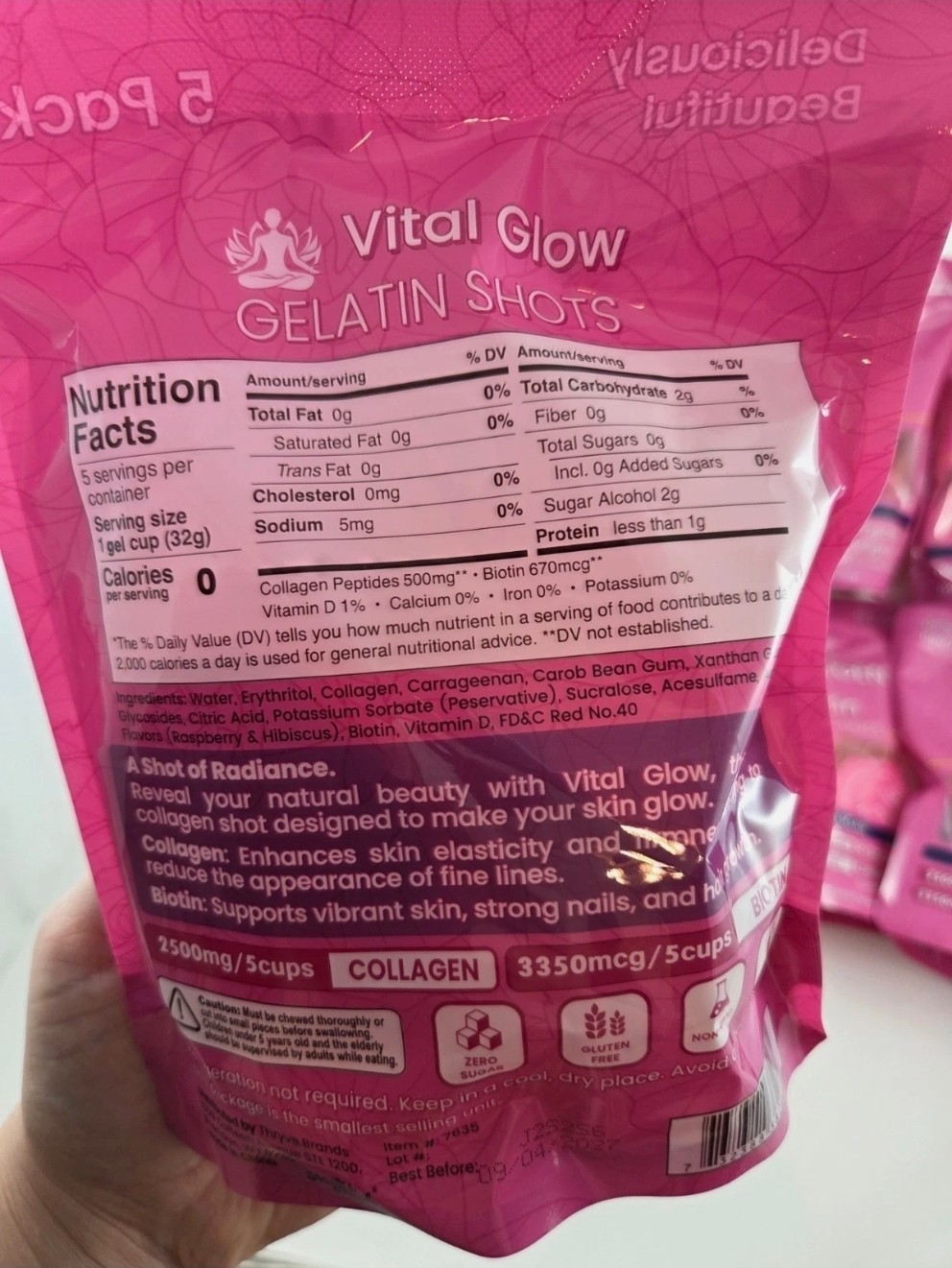 Lot Of 7 Vital Glow Collagen + Biotin Gelatin Shots 5 Pack Raspberry Zero Sugar