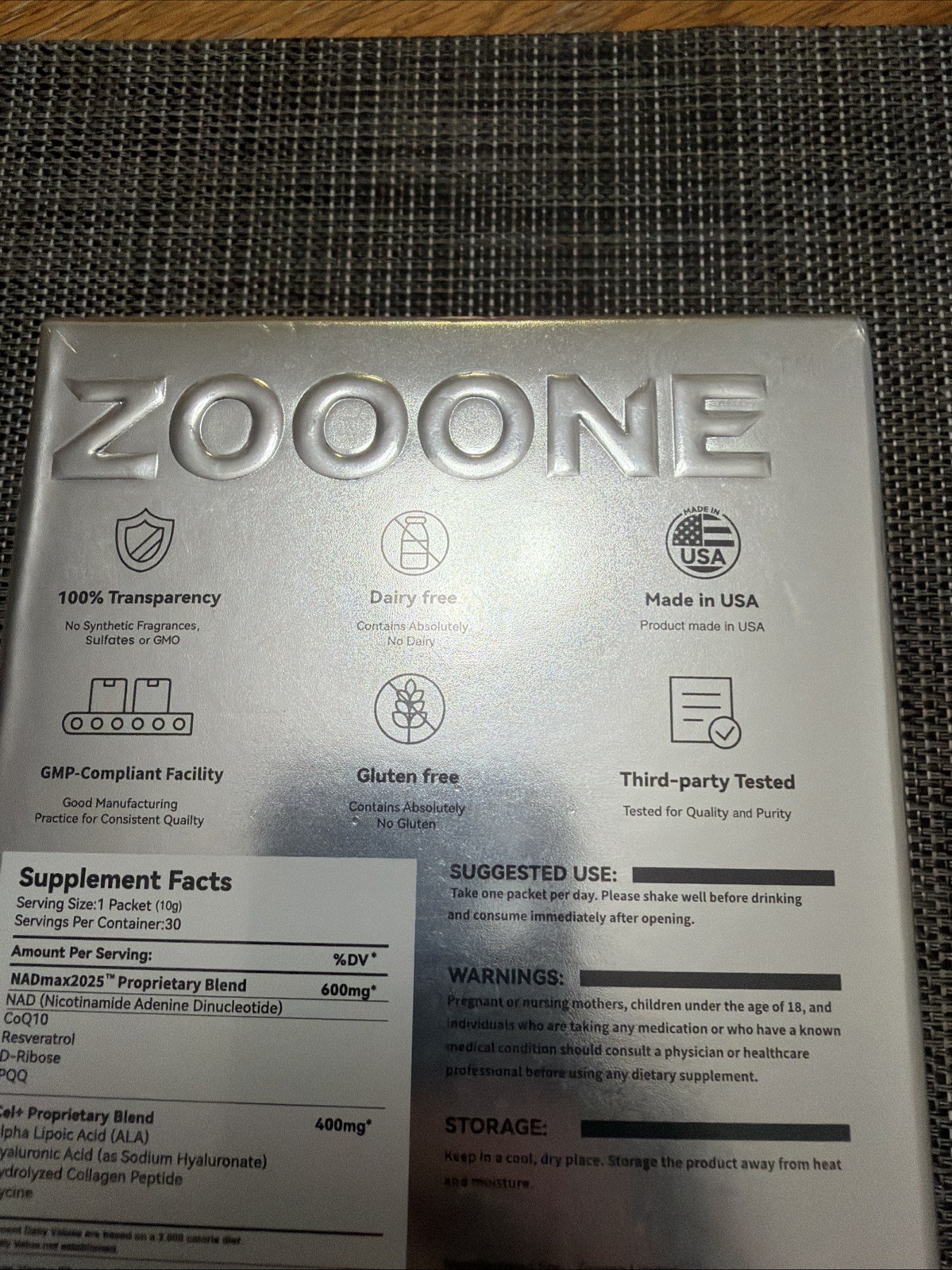 ZOOONE NAD+ 1000mg Liquid Packets – 30 Count, Silver Box – Nicotinamide Riboside