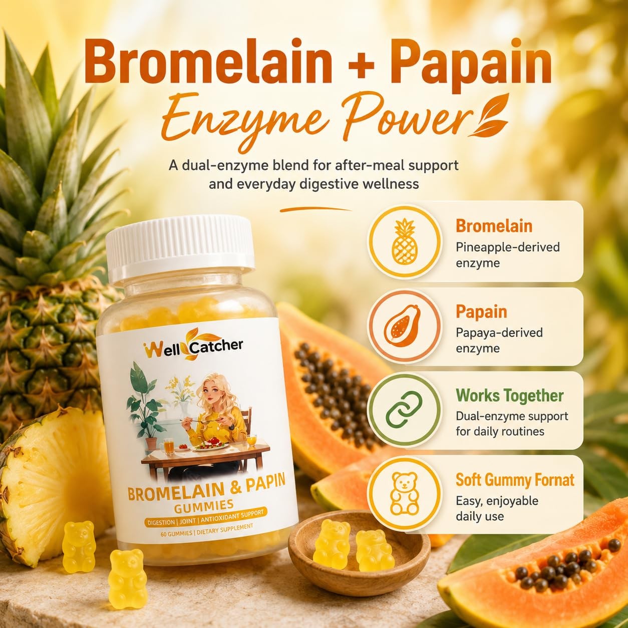 Bromelain Papain Enzyme Gummies: 500mg with 60 Count (Pack of 1)