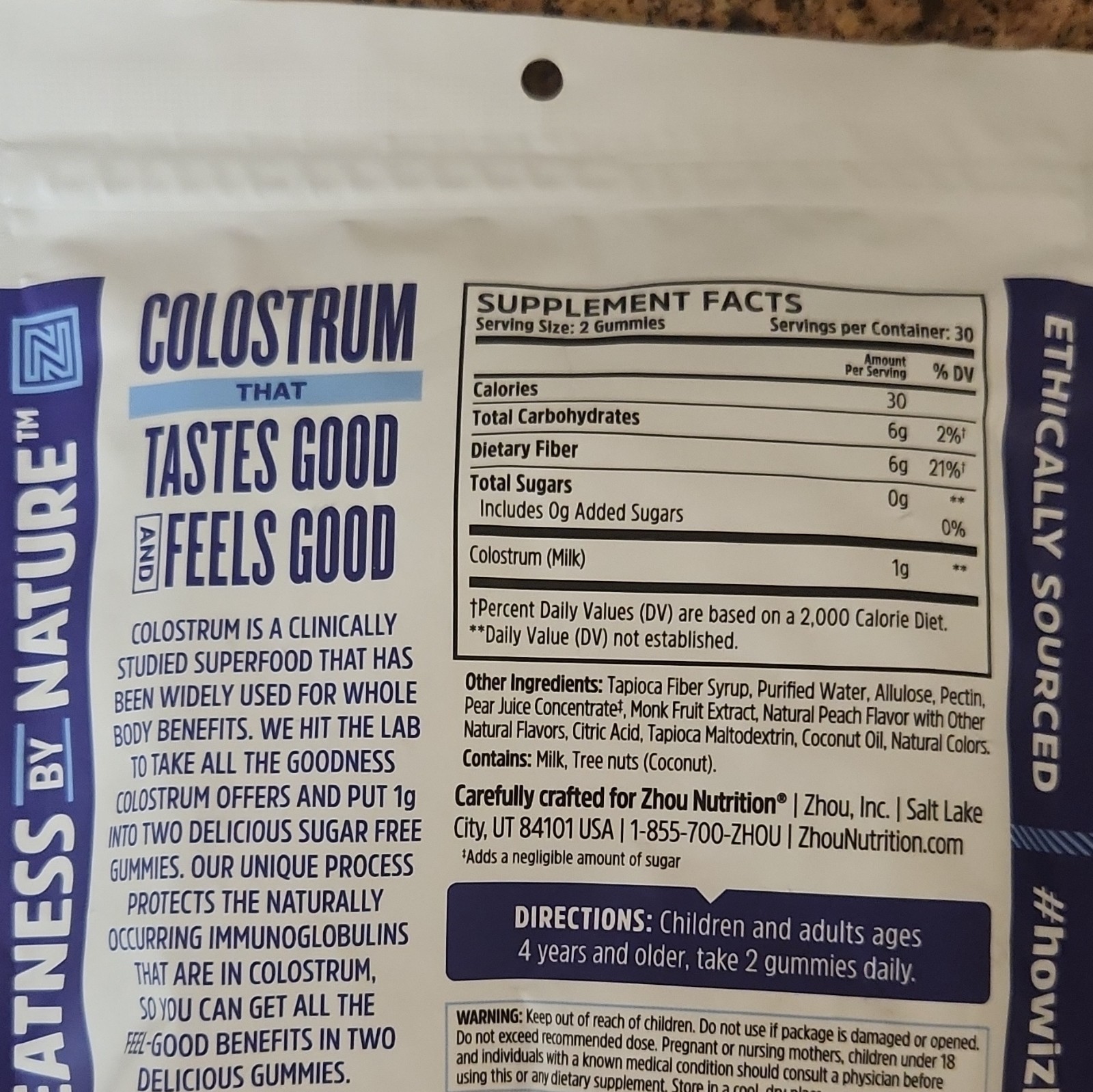 Zhou Colostrum Gummies Sugar Free Gluten Free Ethically Sourced Peach Flavor