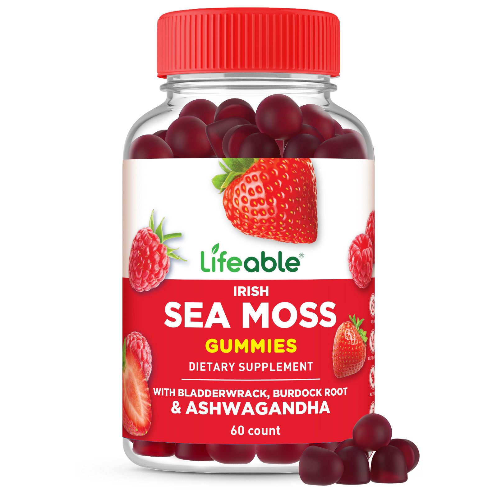 Lifeable Irish Sea Moss Gummies Bladderwrack Burdock Ashwagandha 60 Ct Vegan