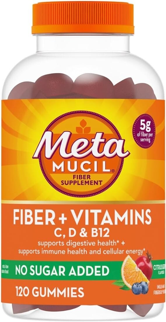 Fiber Gummies Supplement Free Sugar Plus Vitamins C, D, & B12, 120 Gummies