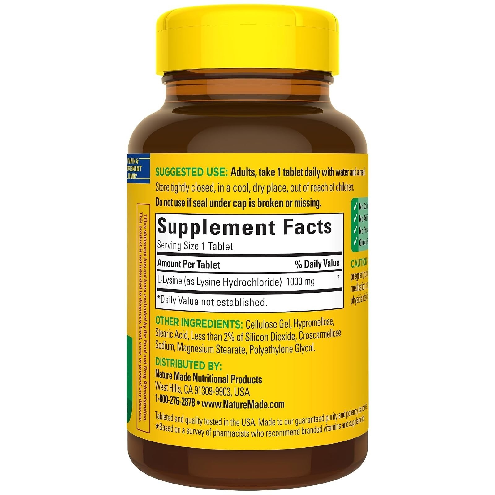 Nature Made L-Lysine 1000 mg Tablets, 60 Count, Gluten Free