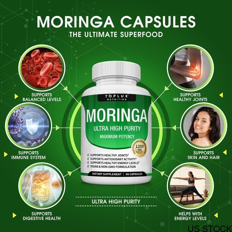 90 Capsules 1200mg Pure Moringa Powder Capsules Immune Gut Health Support US