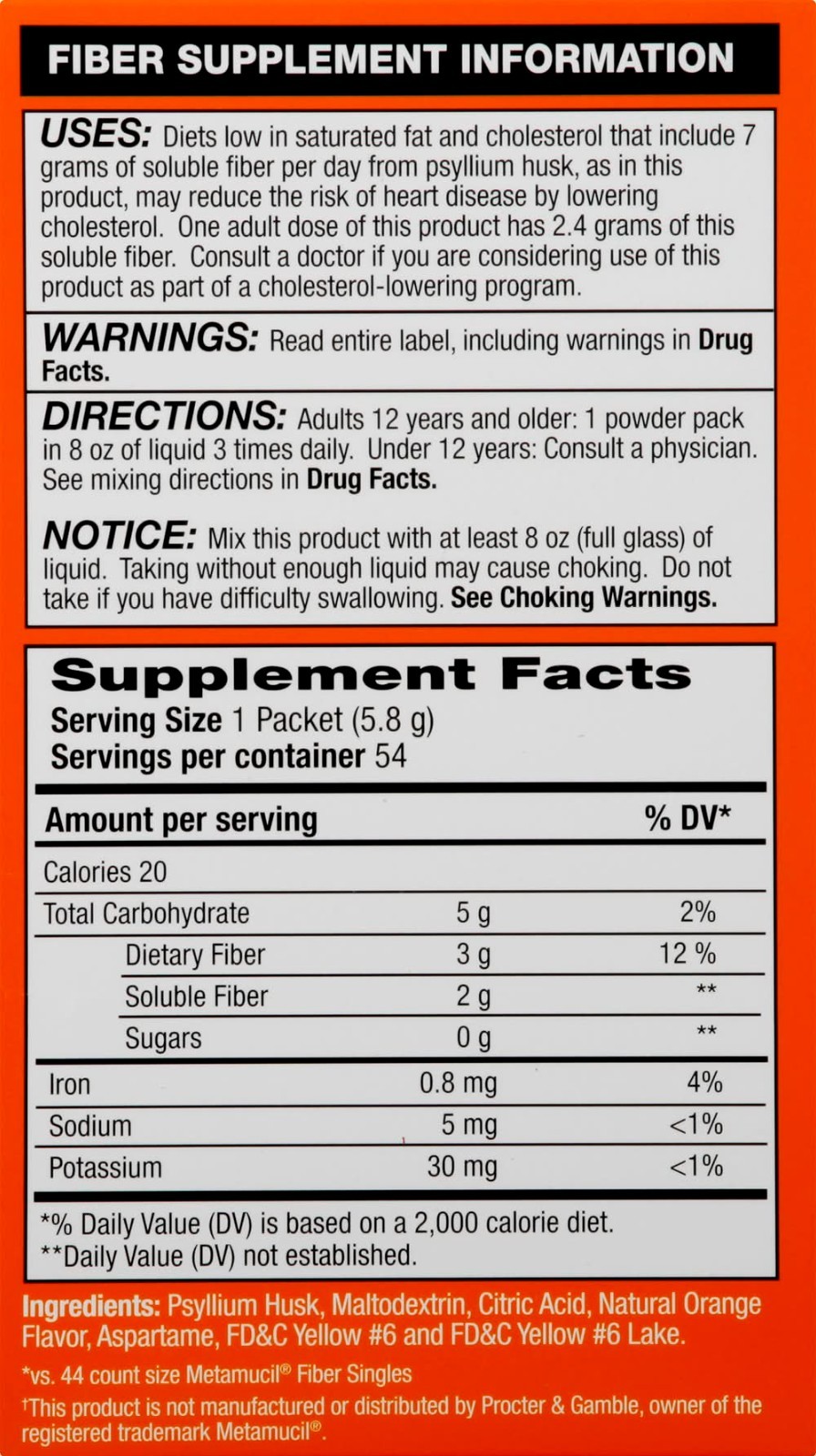 CVS Health – Daily Fiber – Psyllium Husk – 54 Pks – Orange – Sugar Free – 3/2027