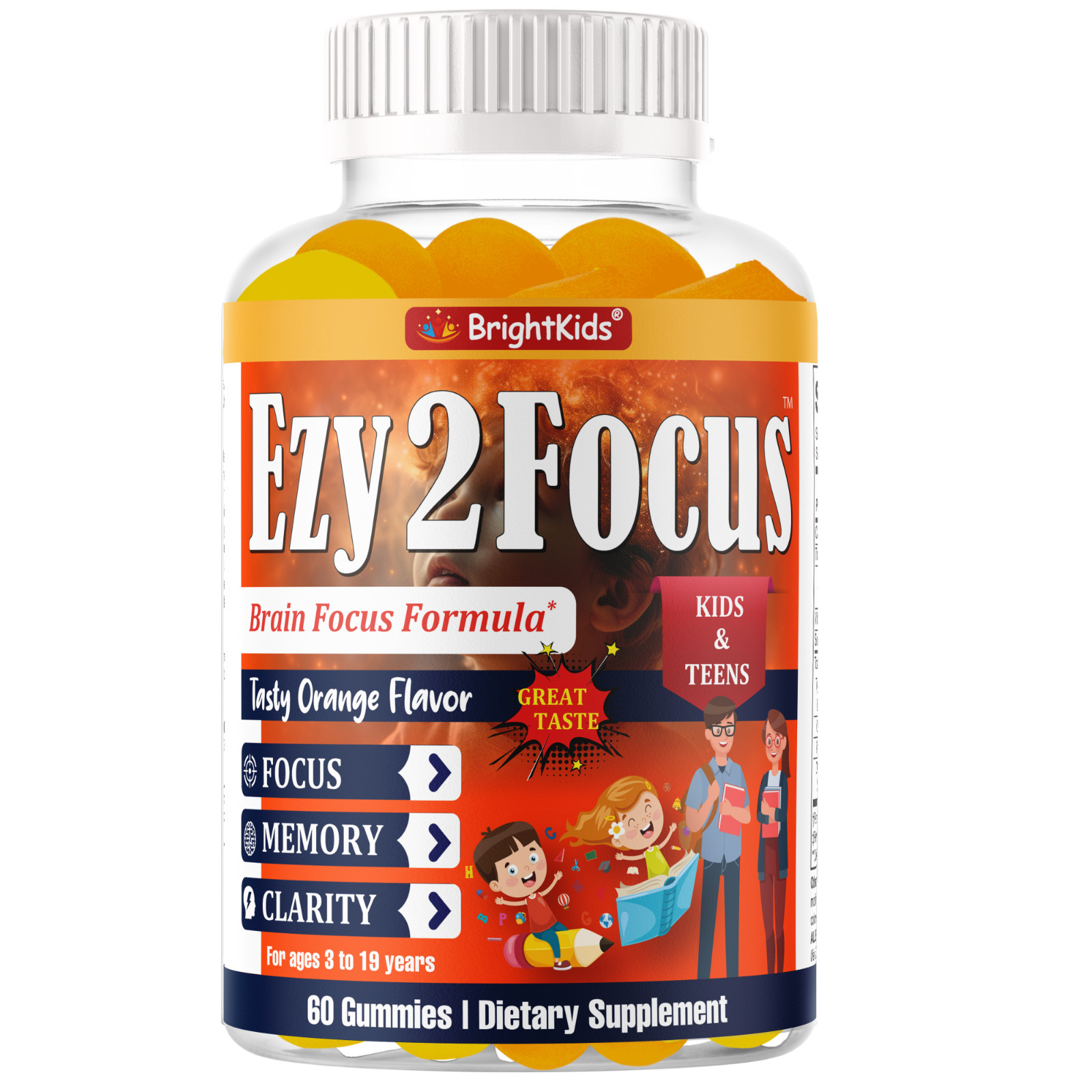 Ezy2Focus Brain Focus Gummies for Kids & Teens Memory Clarity Orange 60 Count