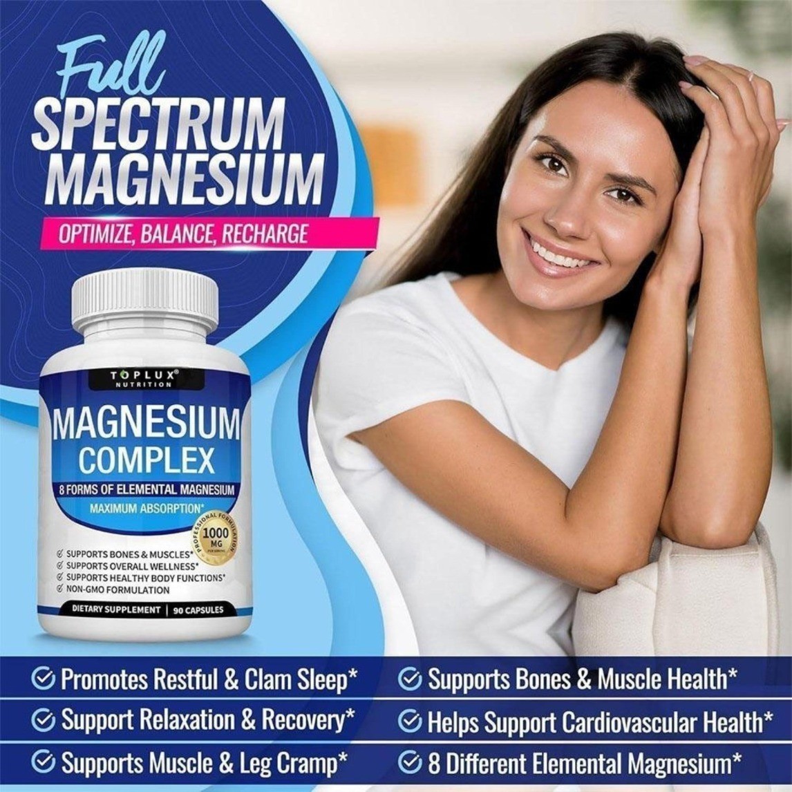 New Toplux Nutrition Magnesium Complex 1000mg Supports 8 Elemental Magnesium