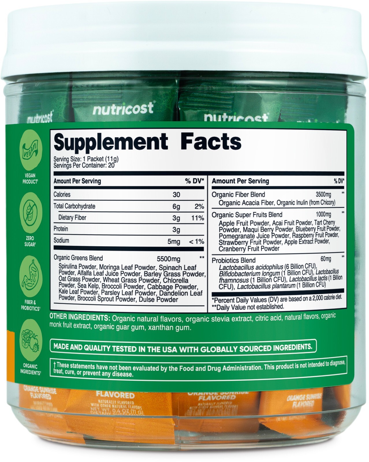 Nutricost Organic Super Greens (Orange Sunrise Flavored) 20 Stickpacks