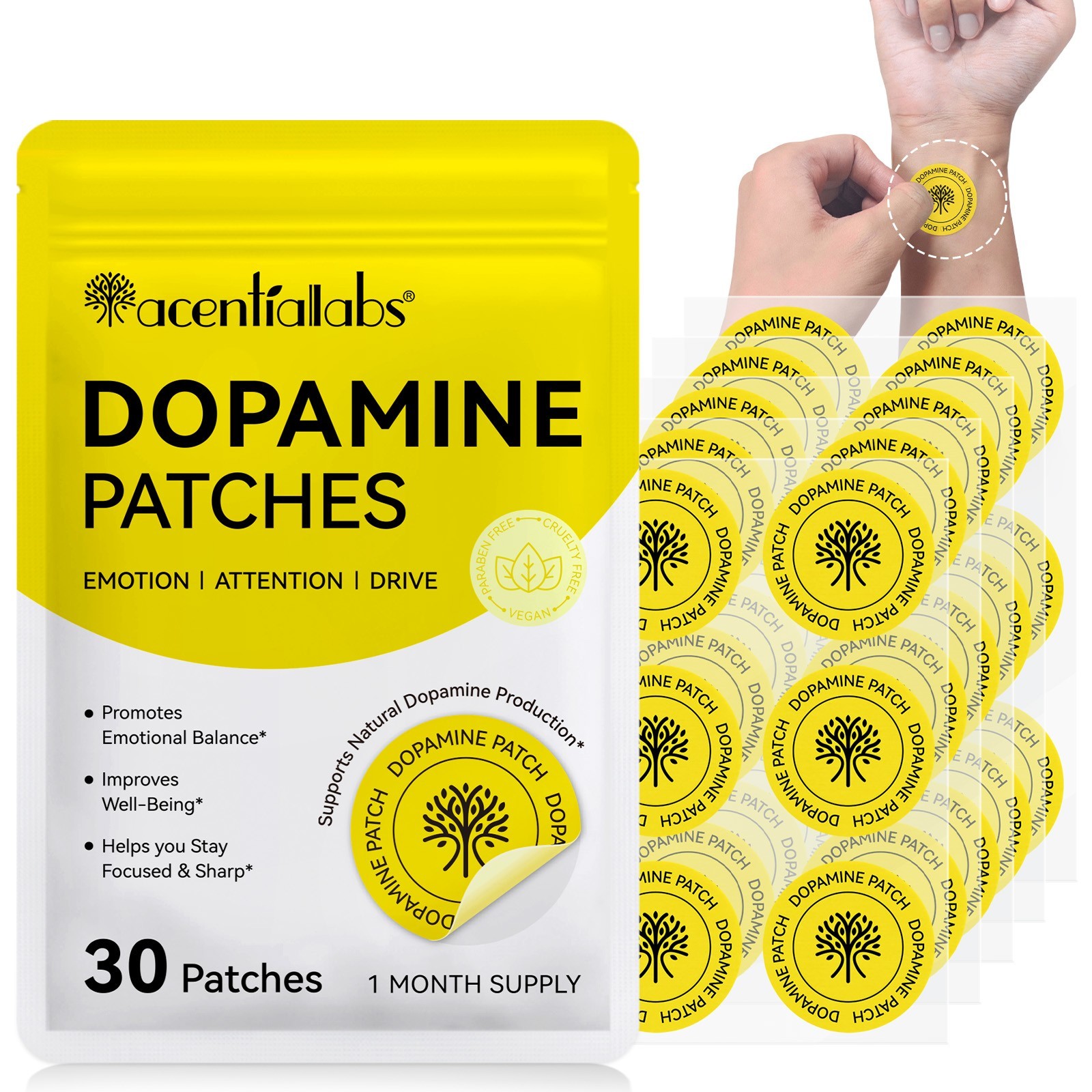 ACENTIALLABS Dopamine Support Patches | Mood, Focus & Mental Clarity | 30 Cts