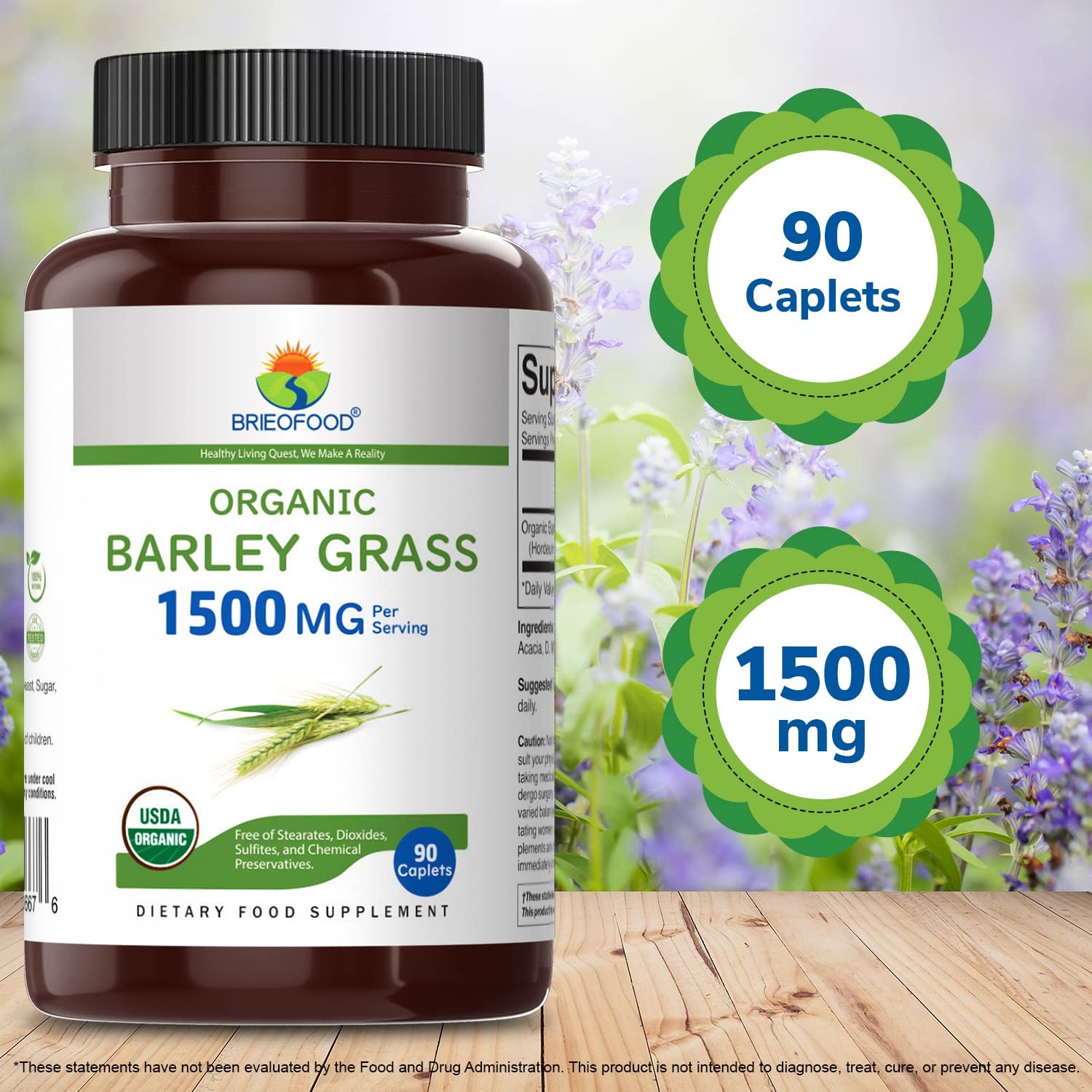 Brieofood Organic Barley Grass 1500mg, 45 Servings, 90 Count (Pack of 1)