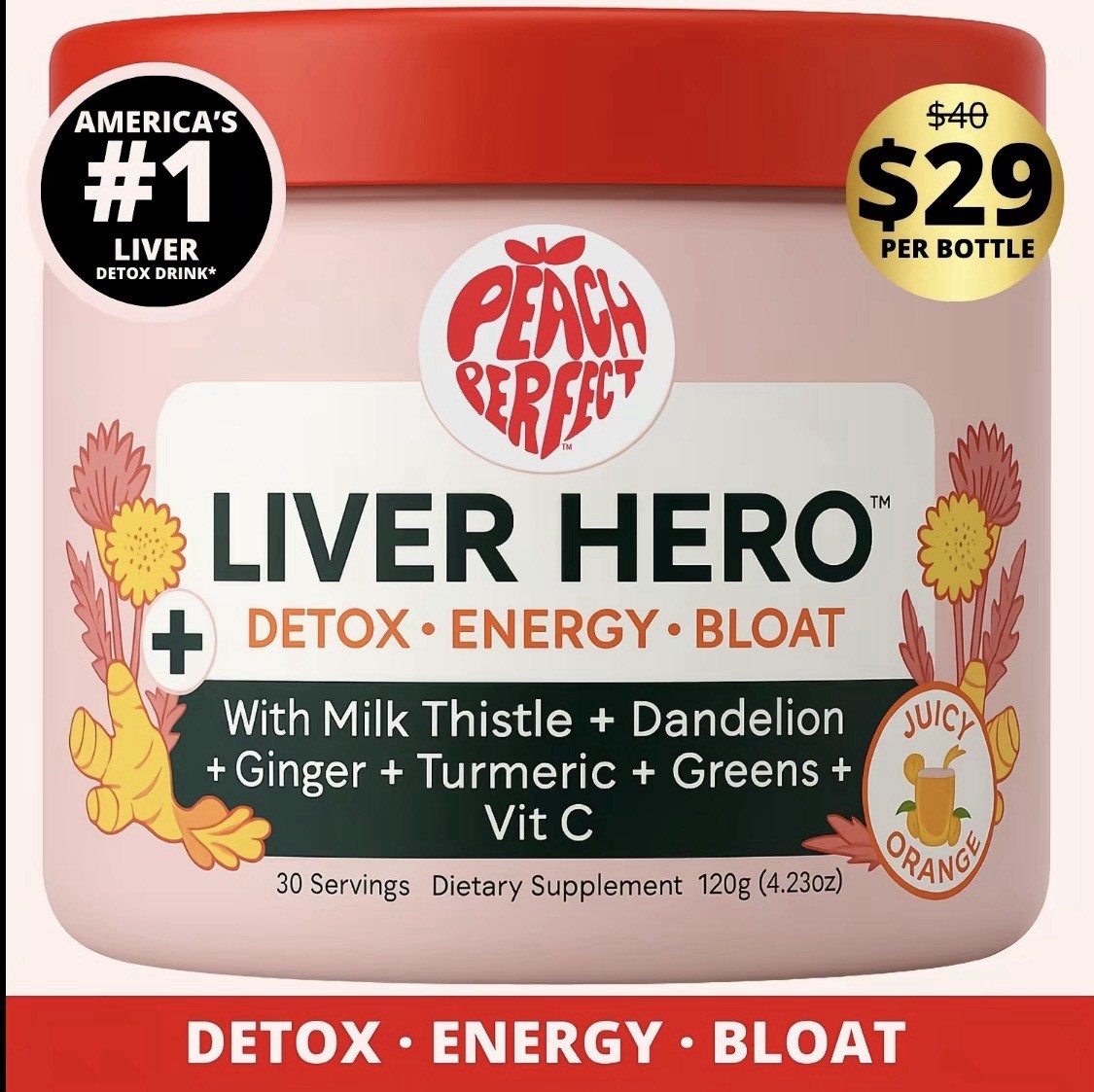 Peach Perfect Liver Hero Detox Energy Bloat Supplement Powder Orange Flavor 120g