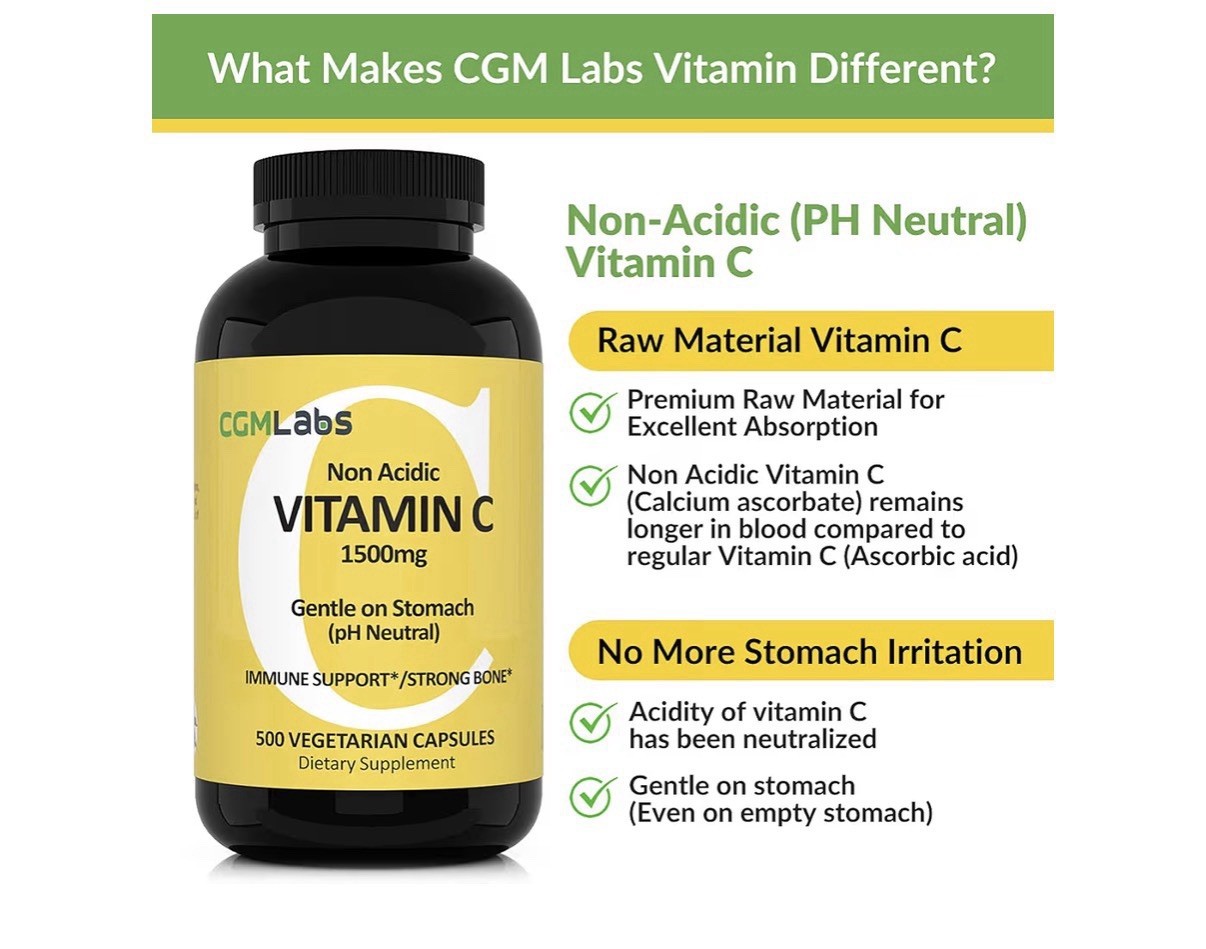 CGMLABS Non Acidic Vitamin C 1500mgDietary Supplement with Calcium 500 Capsules