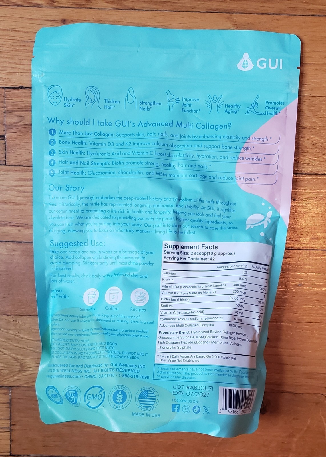 GUI Multi Collagen Peptides Powder Unflavored 1 lb D3 K2 Biotin Exp 07/2027