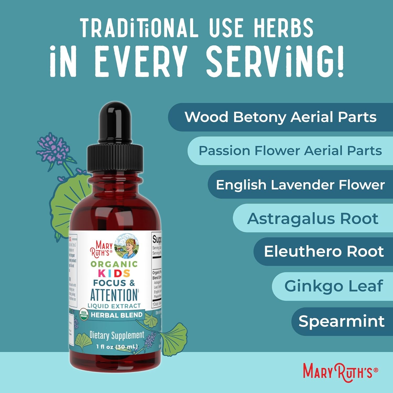 MARYRUTH’S Kids Focus & Attention Drops | USDA Organic Drops 30 Servings
