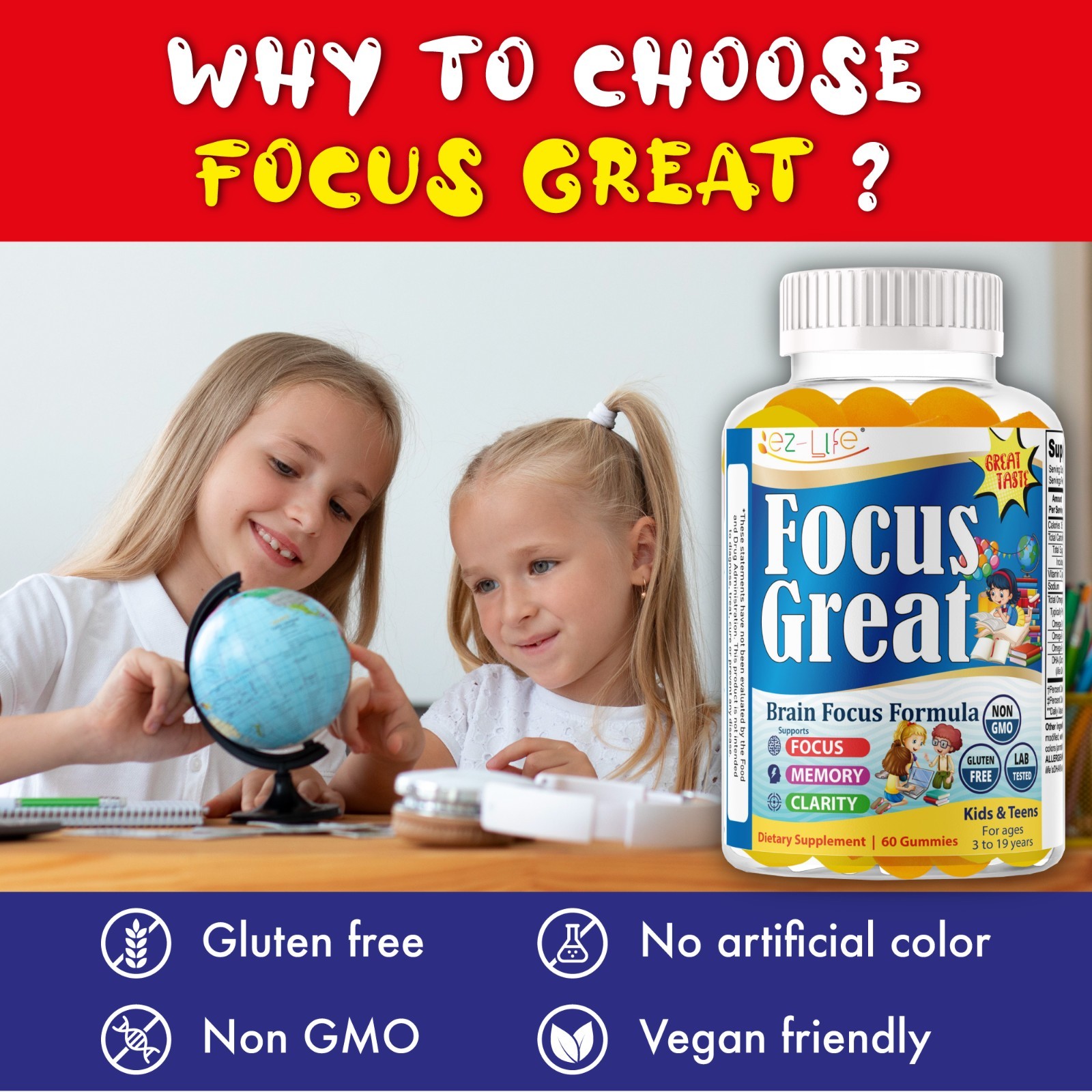 Focus Great Children DHA Gummies – Omega 3 for Kids-Focus Gummies for Teens-60