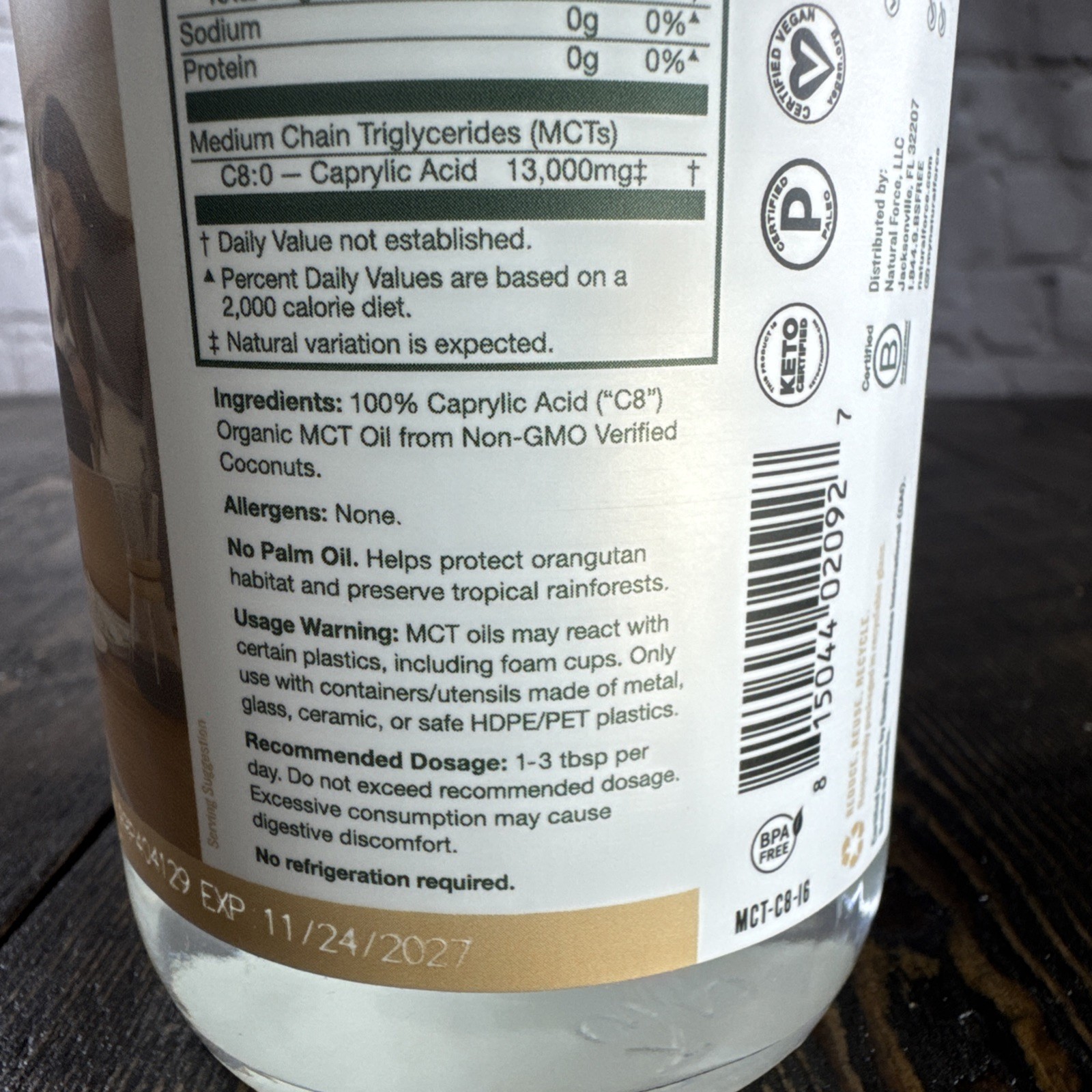 Natural Force Organic Pure C8 MCT Oil – Promotes Ketosis Energy Brain Fuel