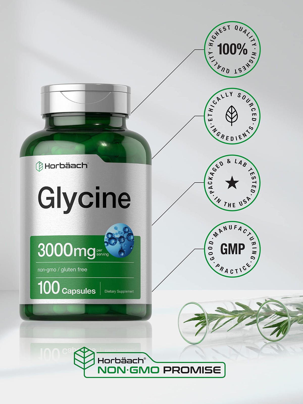 Horbäach Glycine 3000mg Supplement | 100 Powder Capsules 100 Count (Pack of 1)