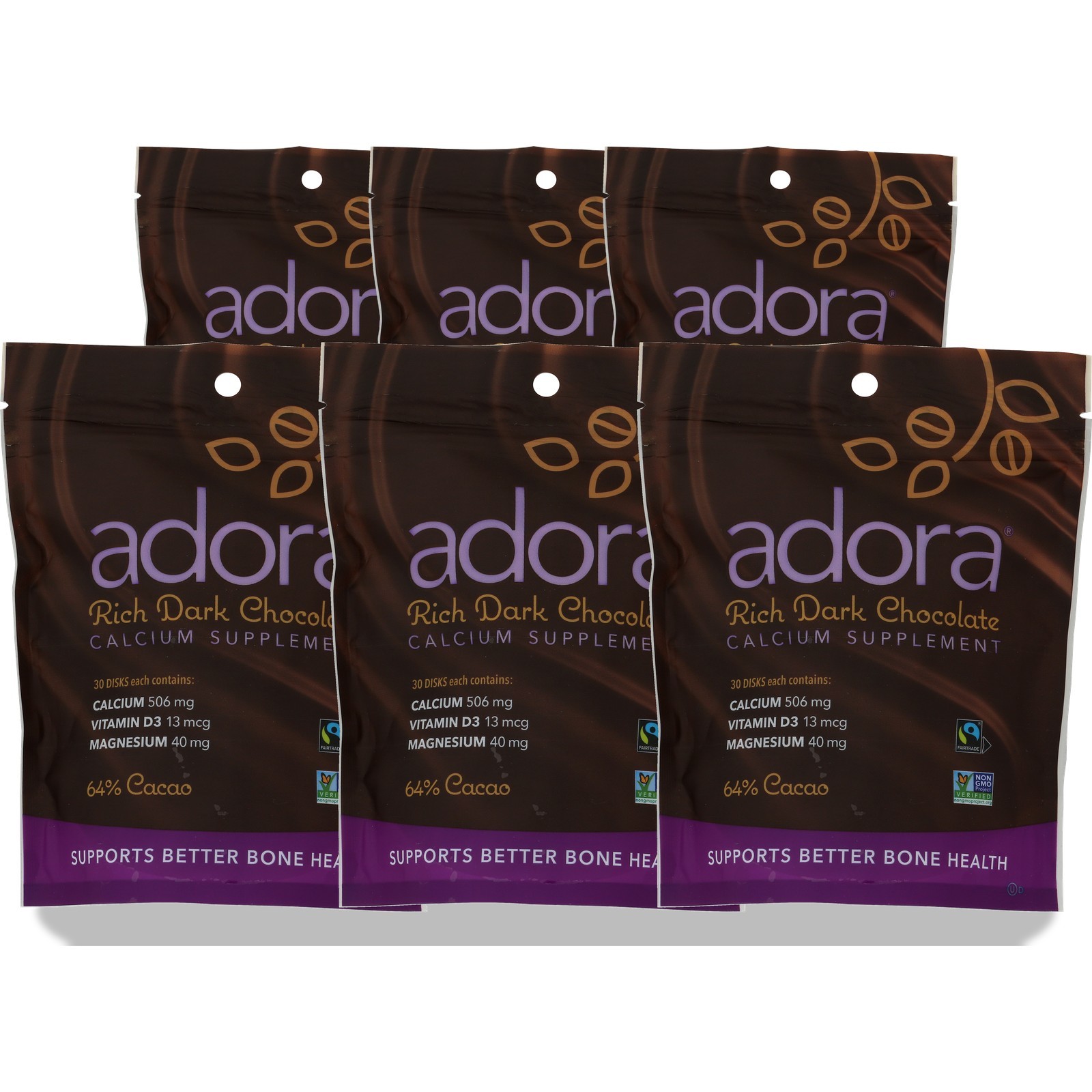 Adora Calcium Disks Dark Chocolate Bone Health Supplement 30 6 Pack