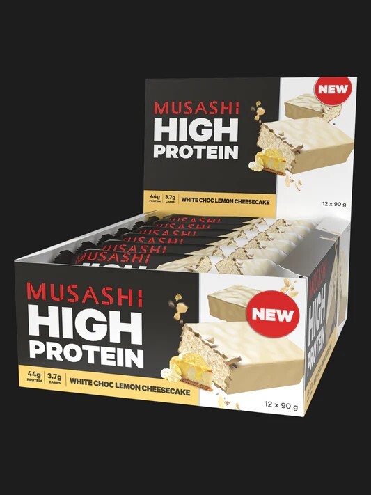 New Musashi High Protein Bar White Choc Lemon Cheesecake 90g X 12 Bars