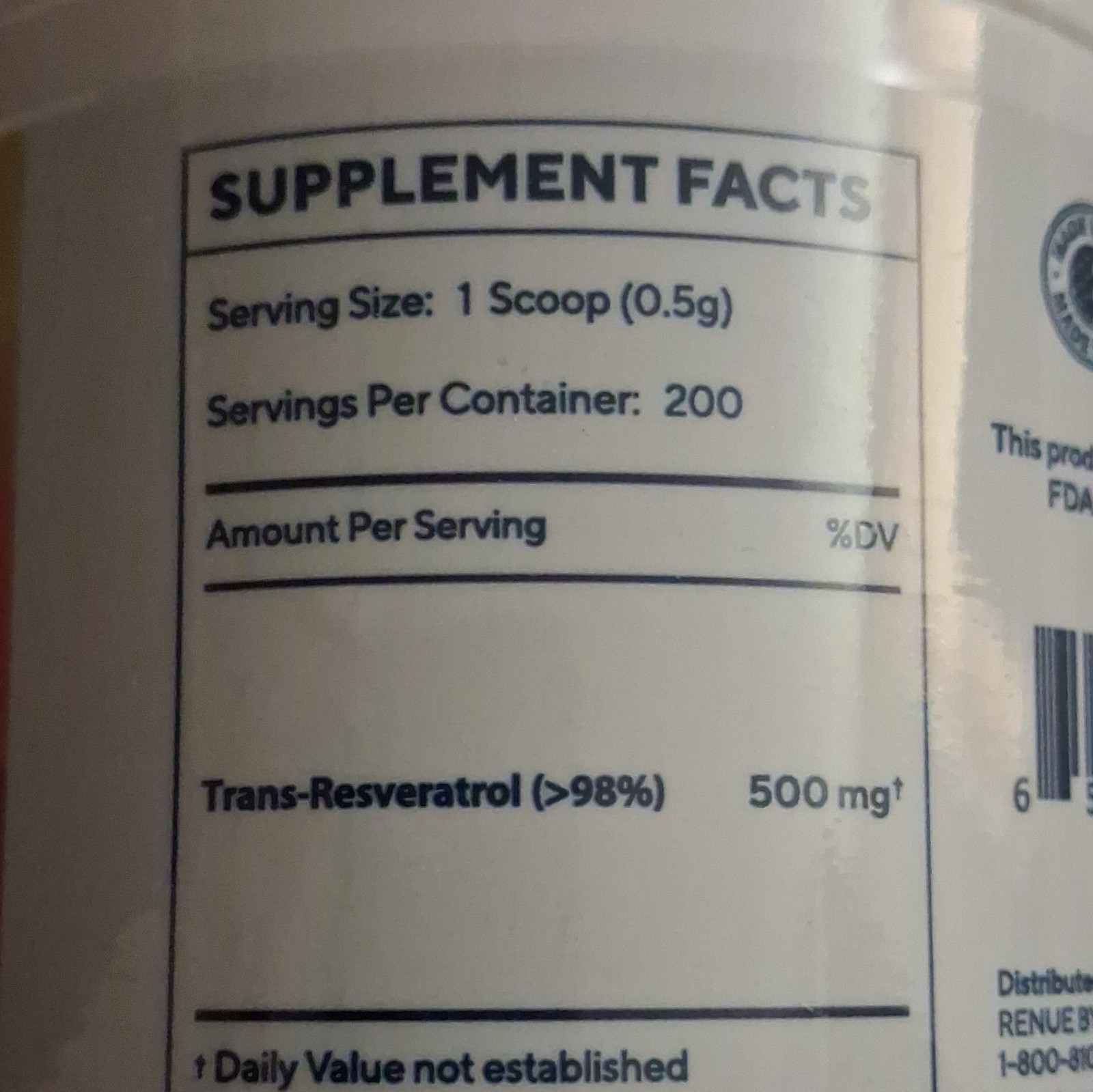 Renue By Science Trans-Resveratrol 98% Powder 500mg Supplement