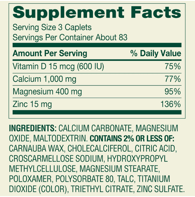 Spring Valley Calcium- Magnesium & Zinc plus Vitamin D3 Coated Caplets- 250 Ct
