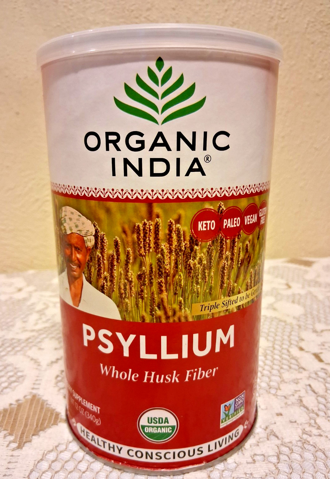 Organic India Psyllium Fiber Whole Husk Fiber Supplement Keto Vegan 12 oz