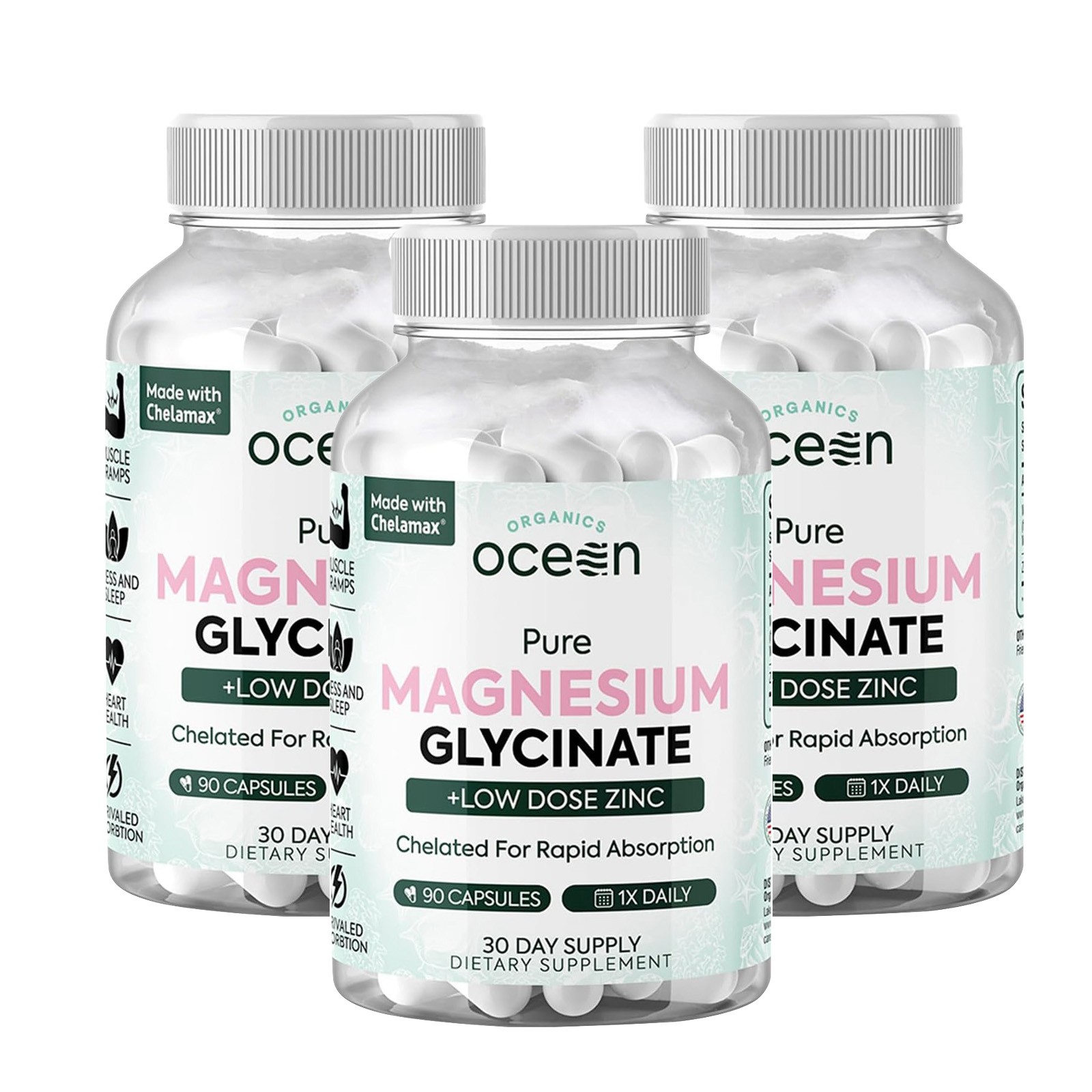 Organics Ocean Pure Magnesium Glycinate with Zinc – Strength Chelated- 90 Count
