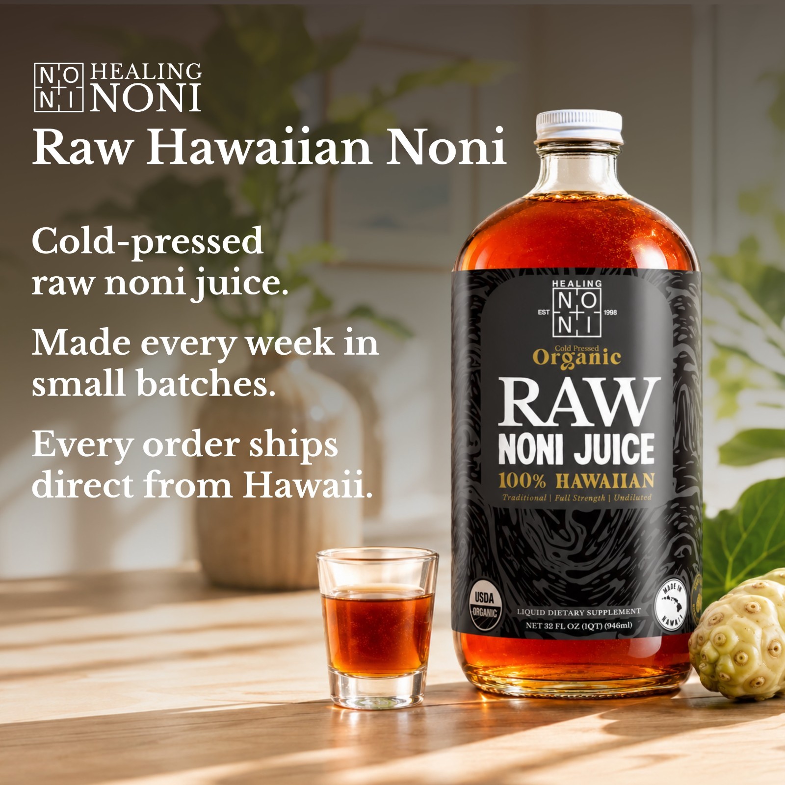 Healing Noni ® – RAW (UNPASTEURIZIED) Certified Organic Noni Juice – 1 x 32oz