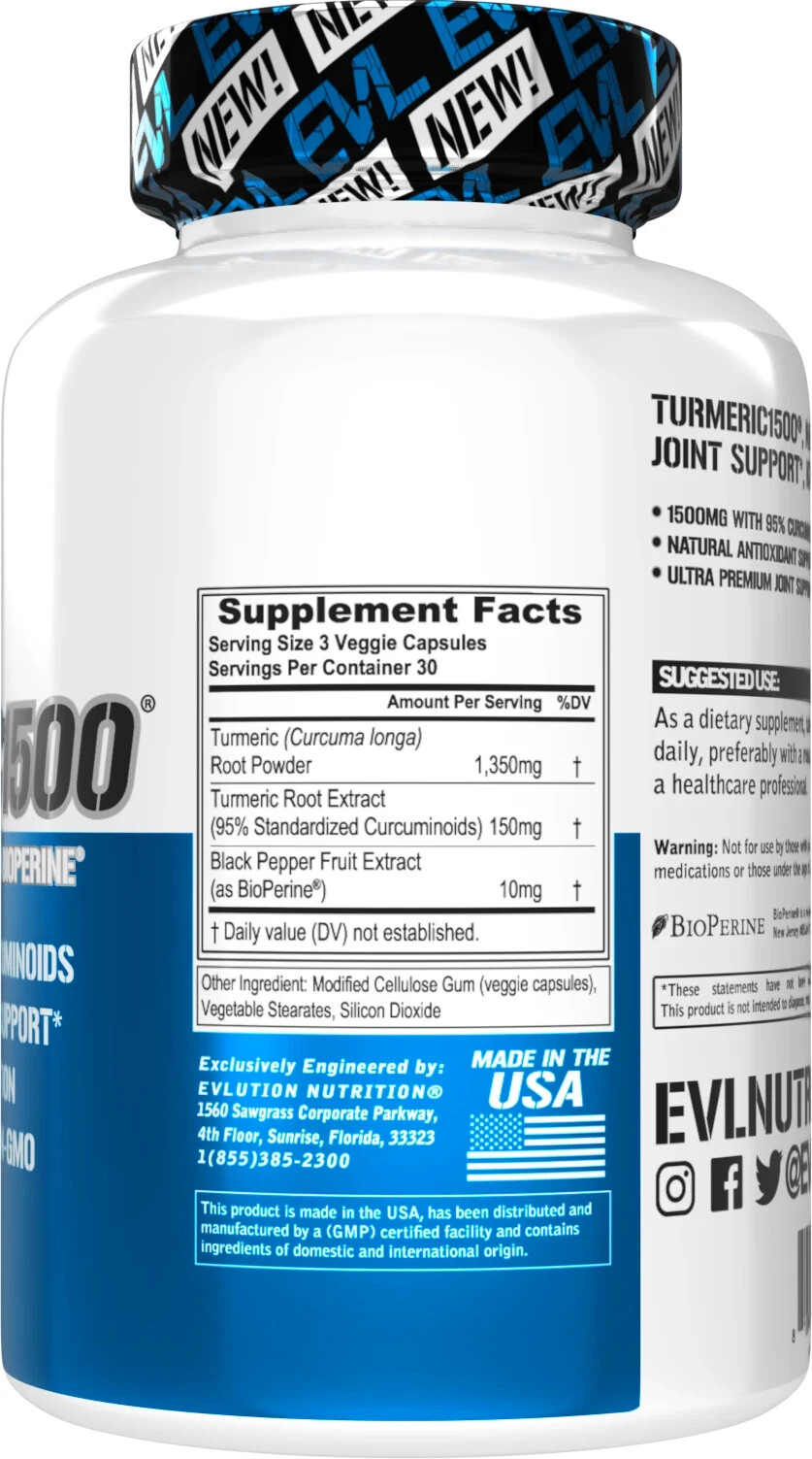 EVL EVLUTIONNutrition Nutrition Turmeric 1500 Antioxidant 90 Capsules EXP 01/26
