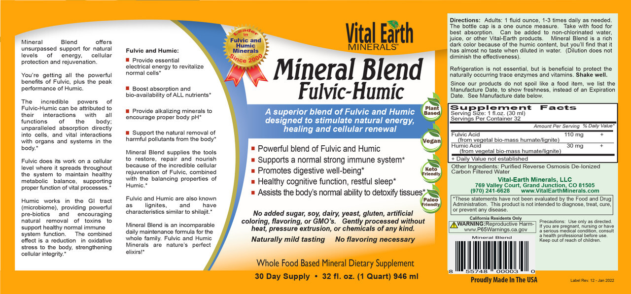 Vital Earth Mineral Blend Fulvic-Humic Whole Food Dietary Supplement 32 fl oz
