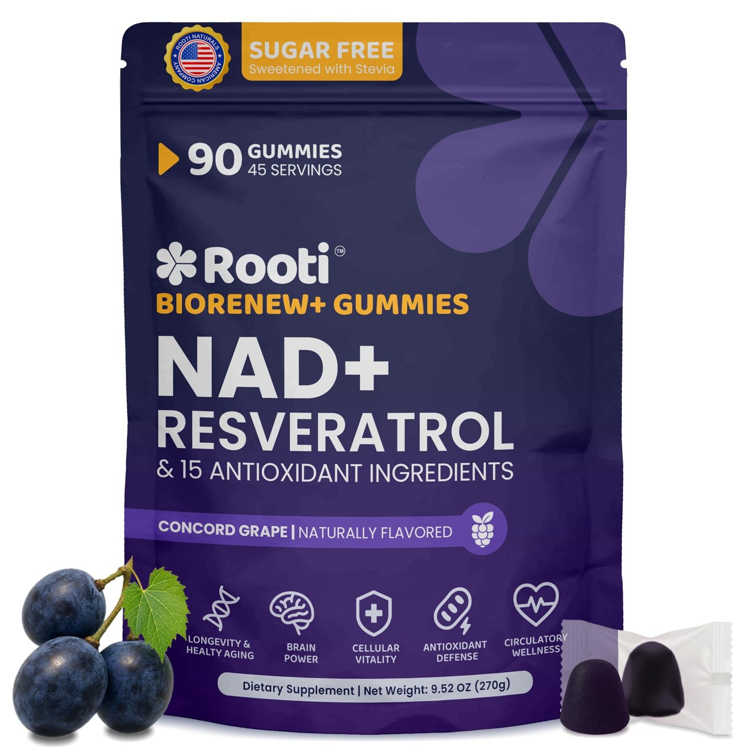 NAD+ Complex Gummies (90 Ct, 45 Servings), Resveratrol, 1 Count (Pack of 90)