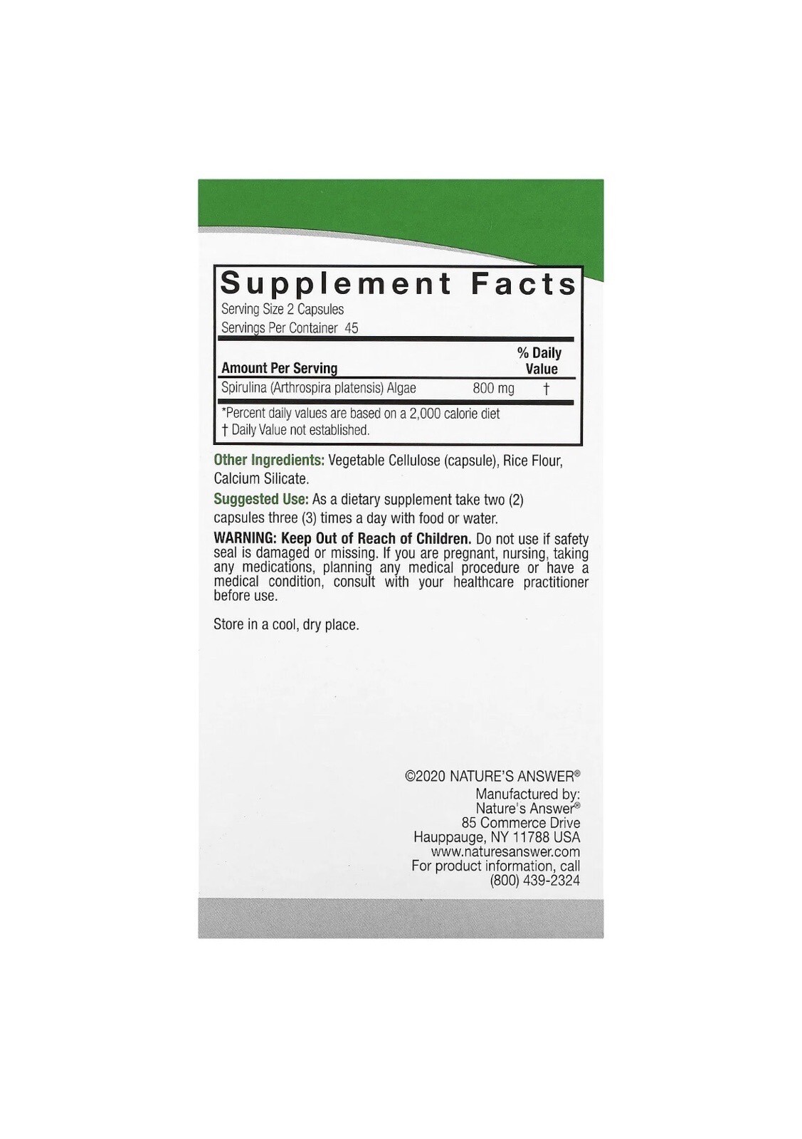 Nature s Answer Spirulina 800 mg 90 Vegetarian Capsules Cruelty-Free, GMP