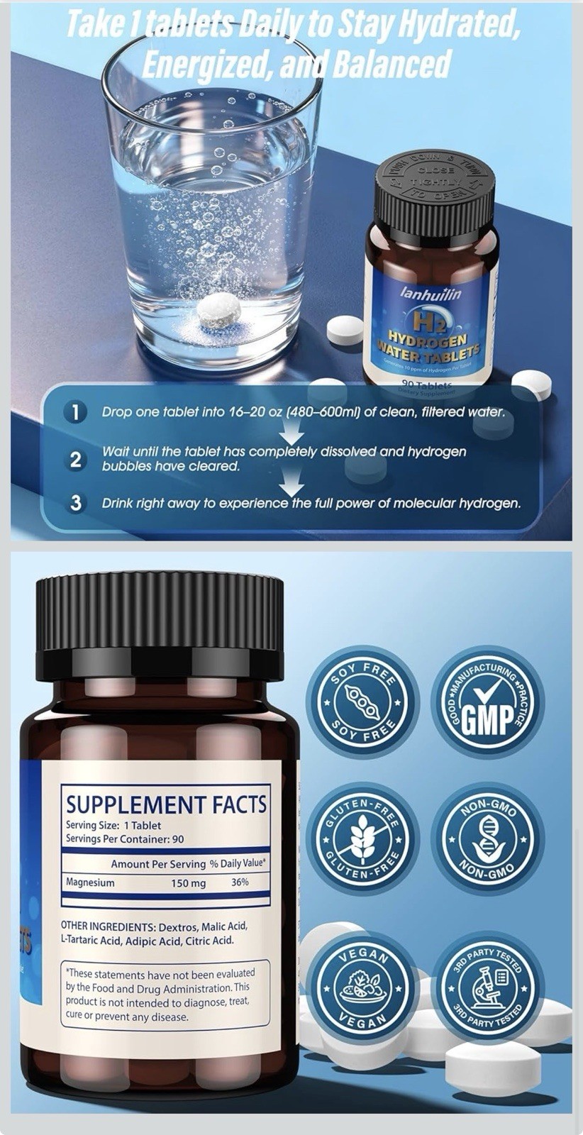 lanhuilin H2 Hydrogen Water Tablets 150mg Magnesium 90 Count Unflavored Vegan