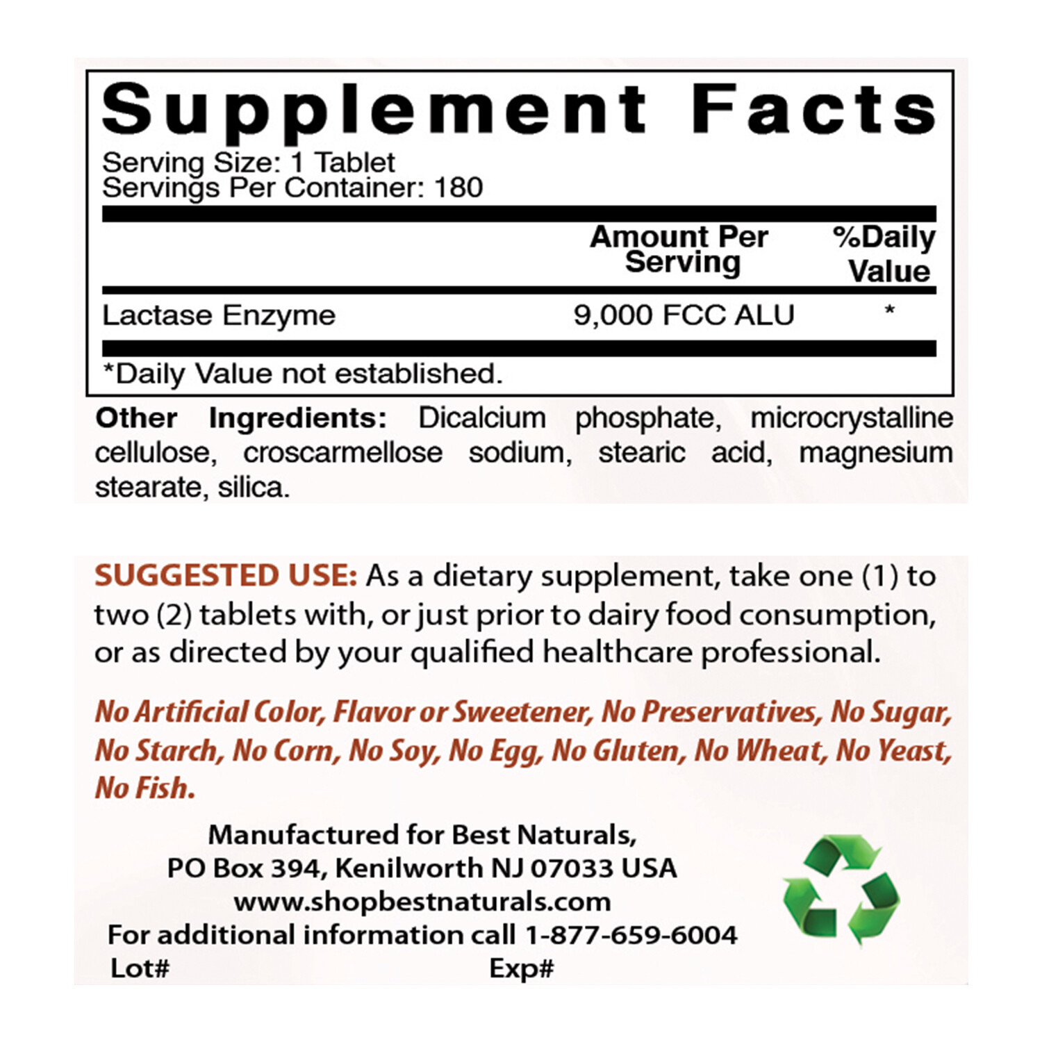 Best Naturals Lactase Enzyme 9000 FCC 180 Tablets