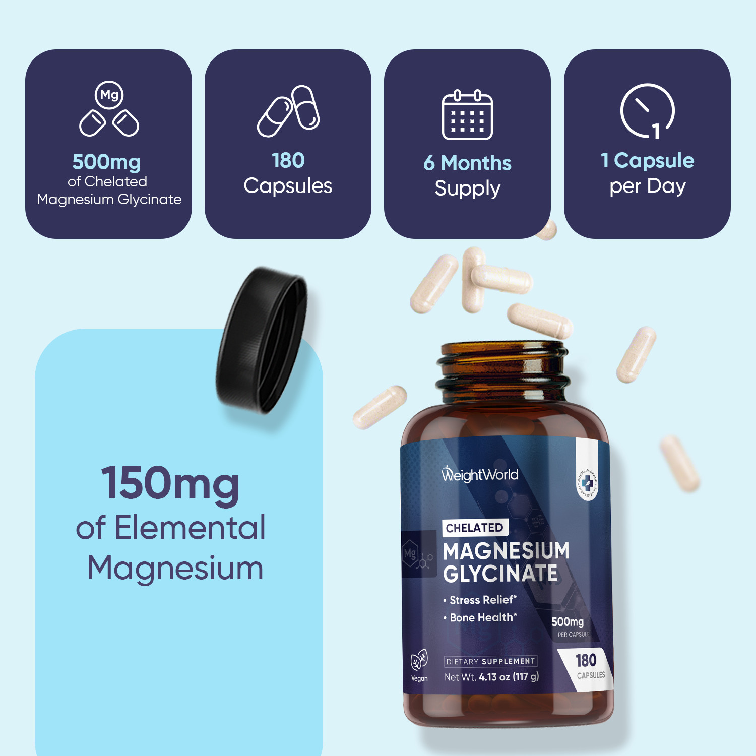 WeightWorld Magnesium Glycinate 500mg 180 Capsules – Bone & Stress Support