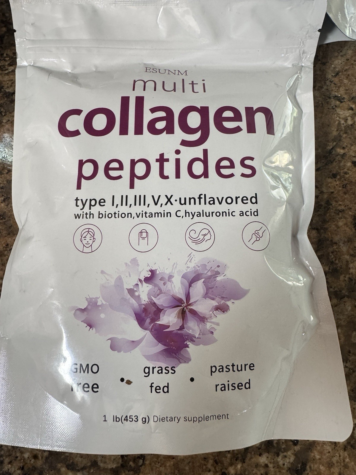 ESUNM Multi Collagen Peptides Powder Types I II III V X Unflavored 1 lb