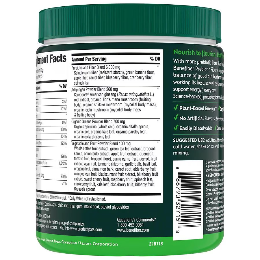 Benefiber Prebiotic Fiber + Supergreens, Watermelon Lemonade, 8.8 Oz, exp1/2027