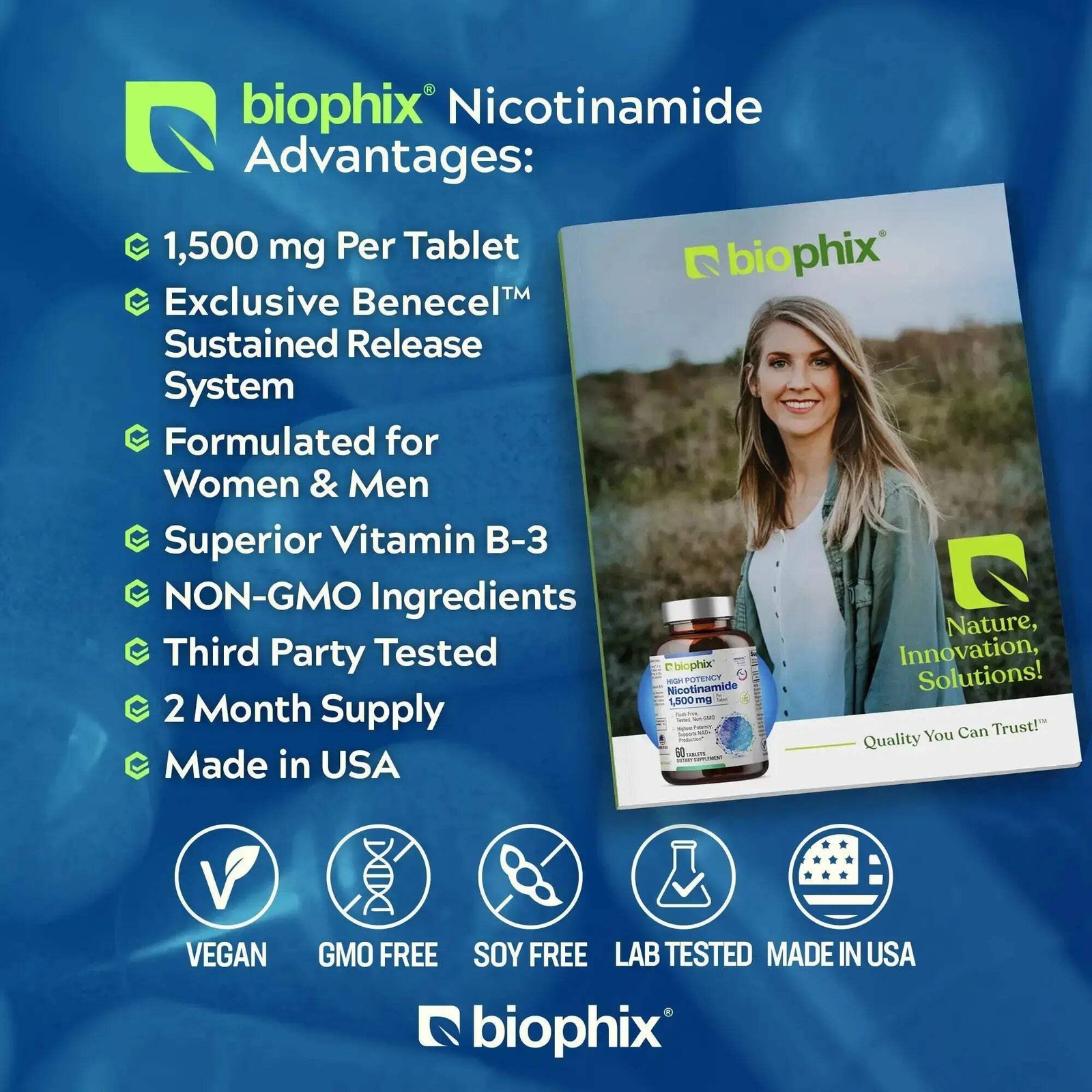 Biophix Nicotinamide Vitamin B-3 Flush Free 1500 mg 60 Sustained Release Tablets