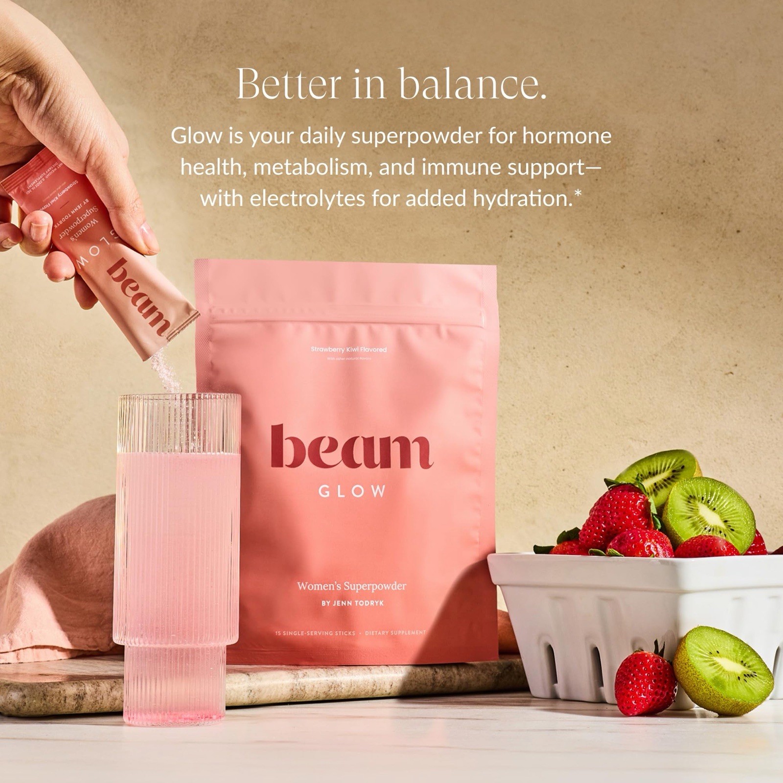 beam Glow Women’s Superpowder Strawberry Kiwi 15 Sticks Hormone Wellness