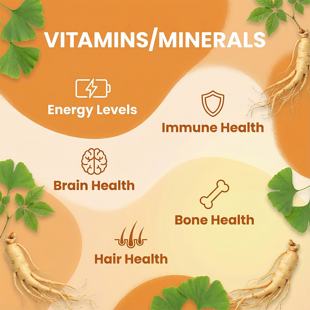 Ginseng&Ginkgo Biloba Supplement With Vitamins Minerals,Support Bone Hair Health