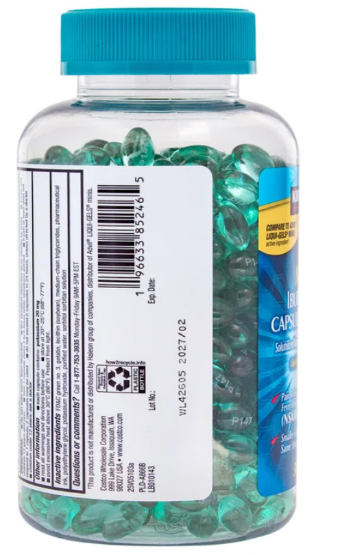 generic Advil liquid gels 200Mg Pain Reliever, 500CT. EXP 08.2027