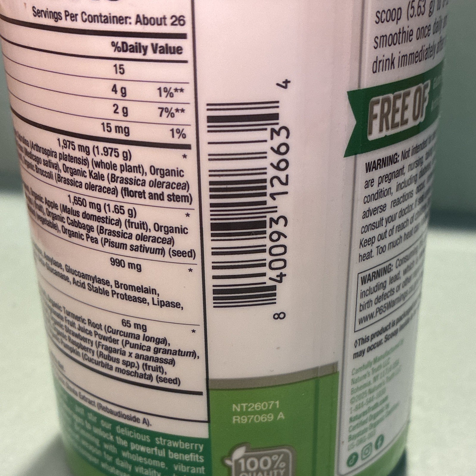 Nature’s Truth Organic Greens+ Powder Strawberry Kiwi 5.18oz Vegan Non-GMO