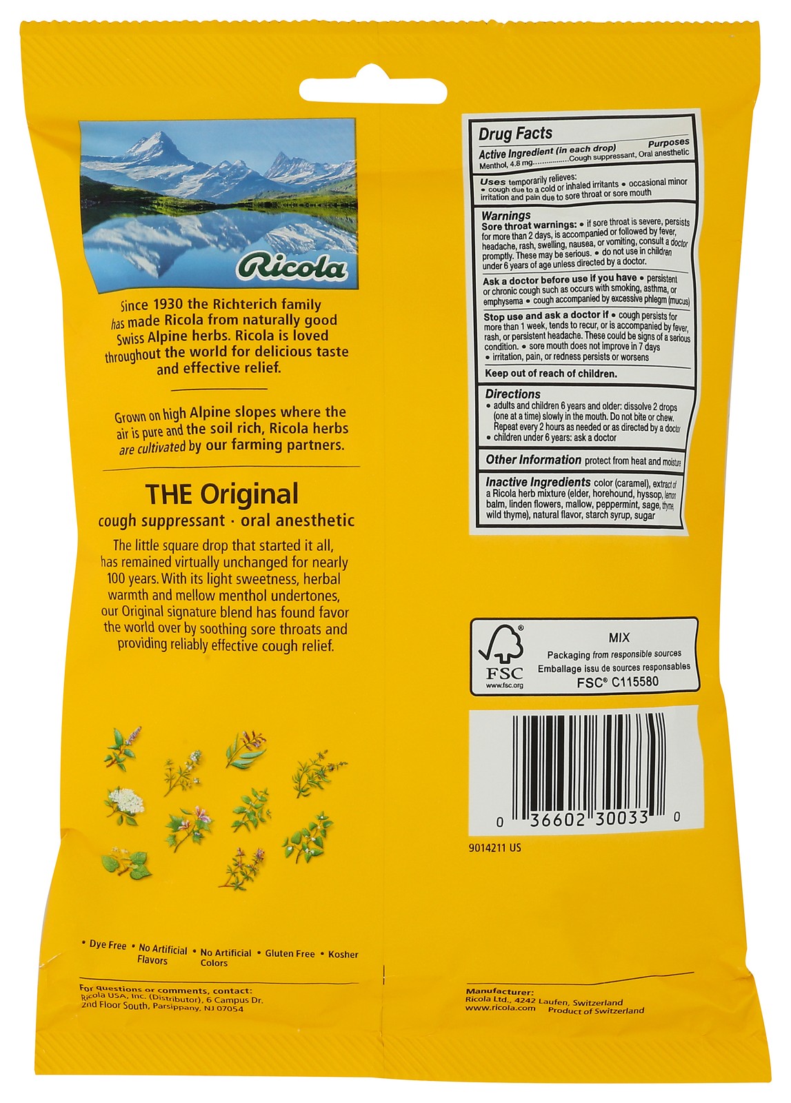 Ricola Cough Drops Original Herb 45 Wrapped Lozenges Ct 6 Pack