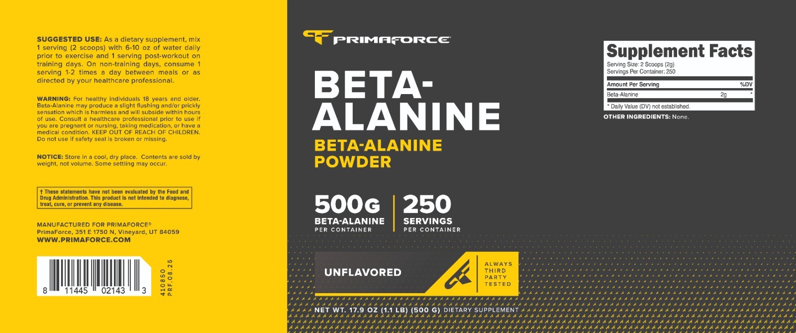 PrimaForce Beta Alanine Powder, Unflavored, 500 Grams, 167 Servings